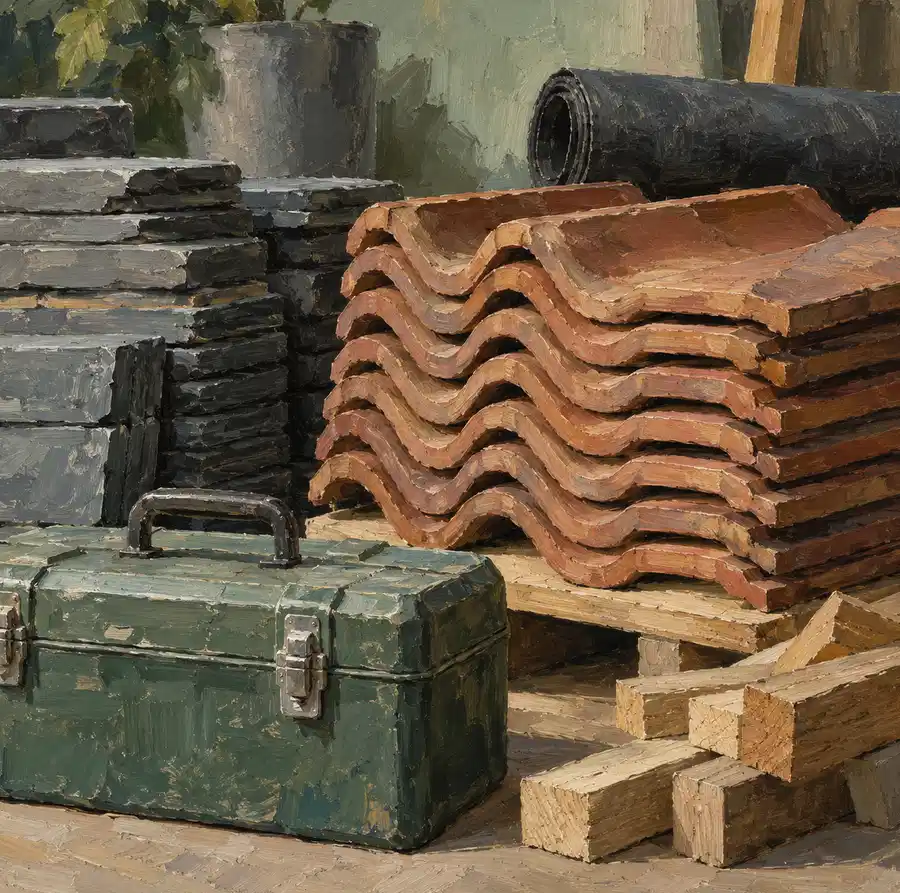 Illustration of roofing businesses equipment and workspace