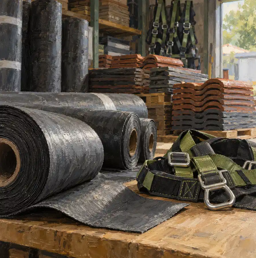 Illustration of roofing businesses equipment and workspace